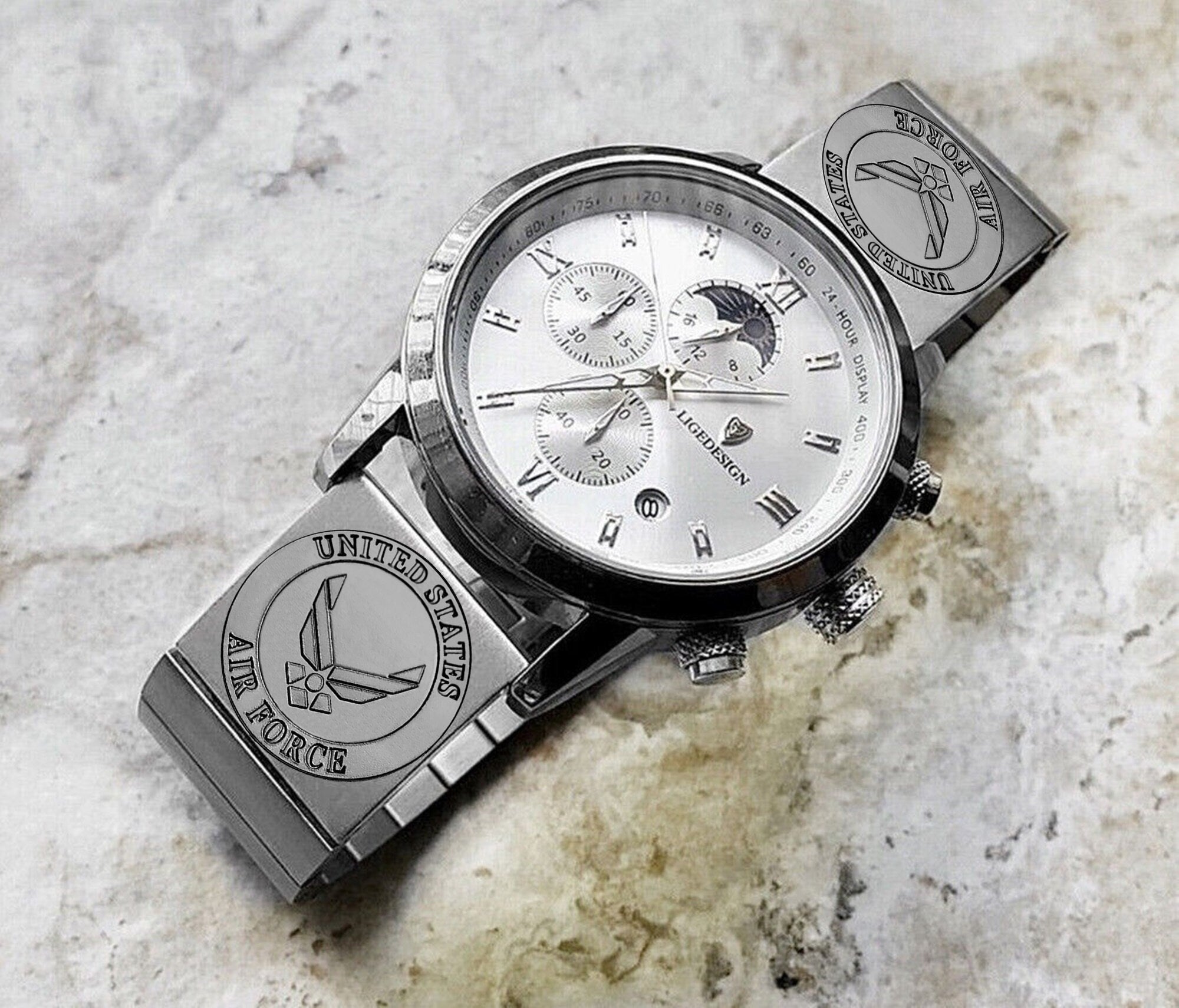 US Air Force Engraved Band for 22mm 24mm 25mm Lugs Traditional Casual Luxury and Smartwatches Silver Stainless Steel Bracelet Strap AF3